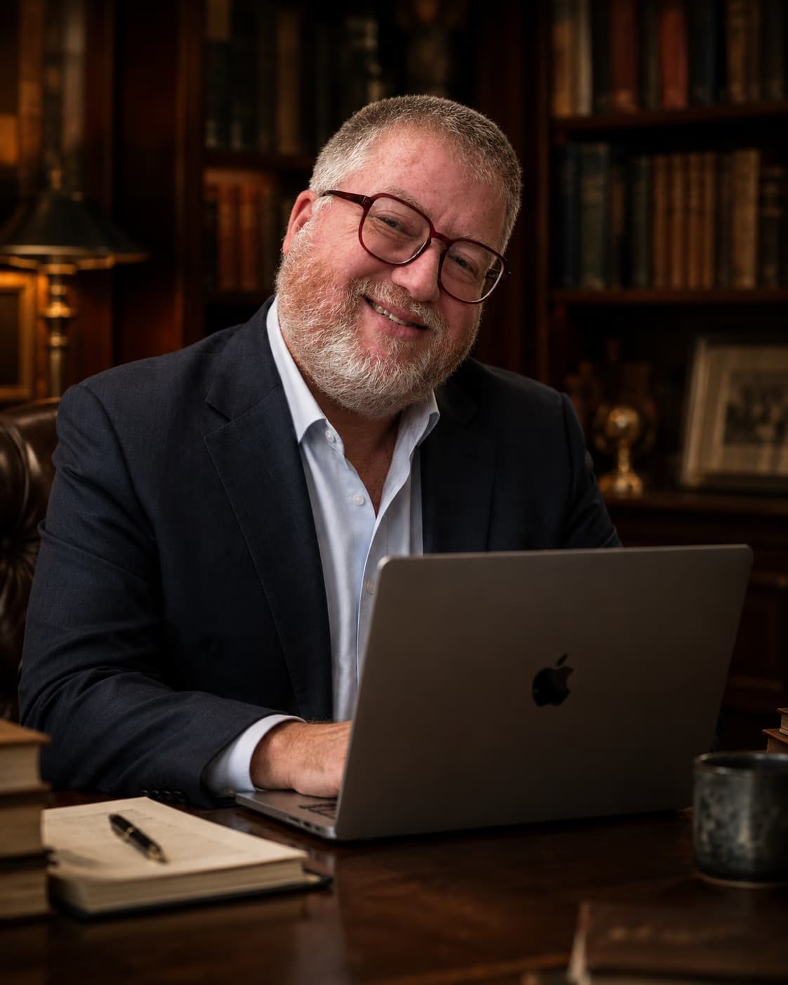 Michael J. Fallon seated at his writing desk in a warm, lamplit library