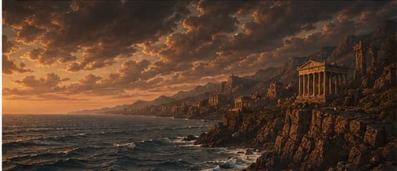 A clifftop temple above a dark sea at dusk