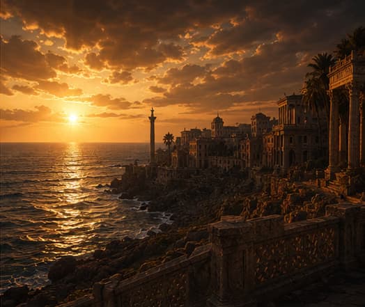A coastal Roman city at sunset, calm sea to the left and a stone balustrade in the foreground