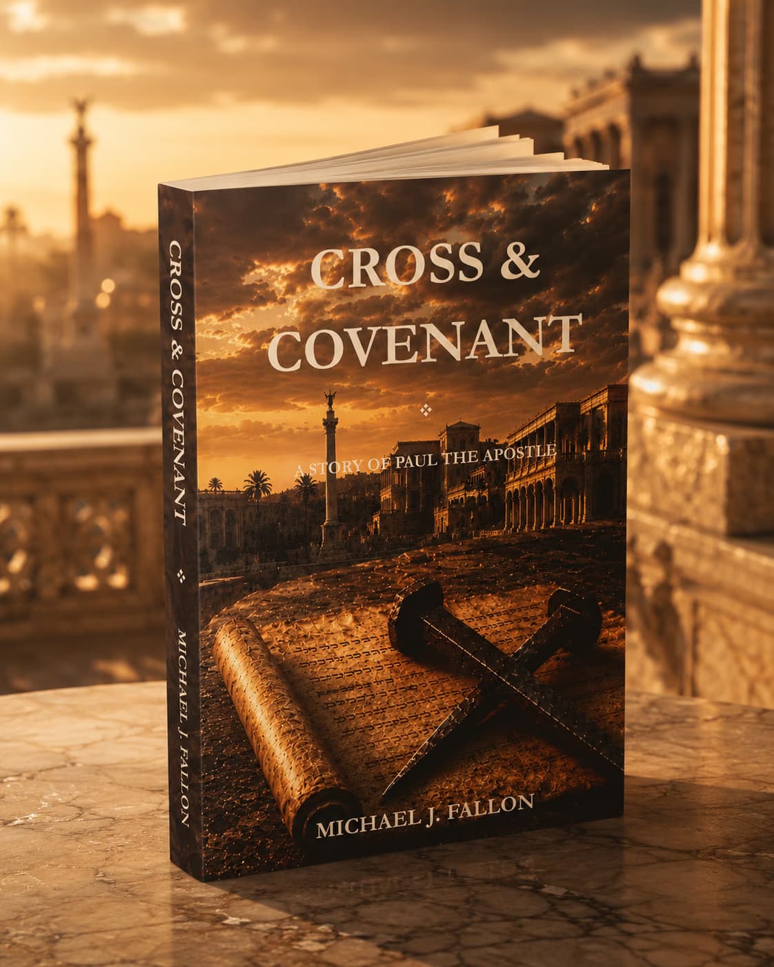 Cross & Covenant paperback standing on a sunlit marble terrace