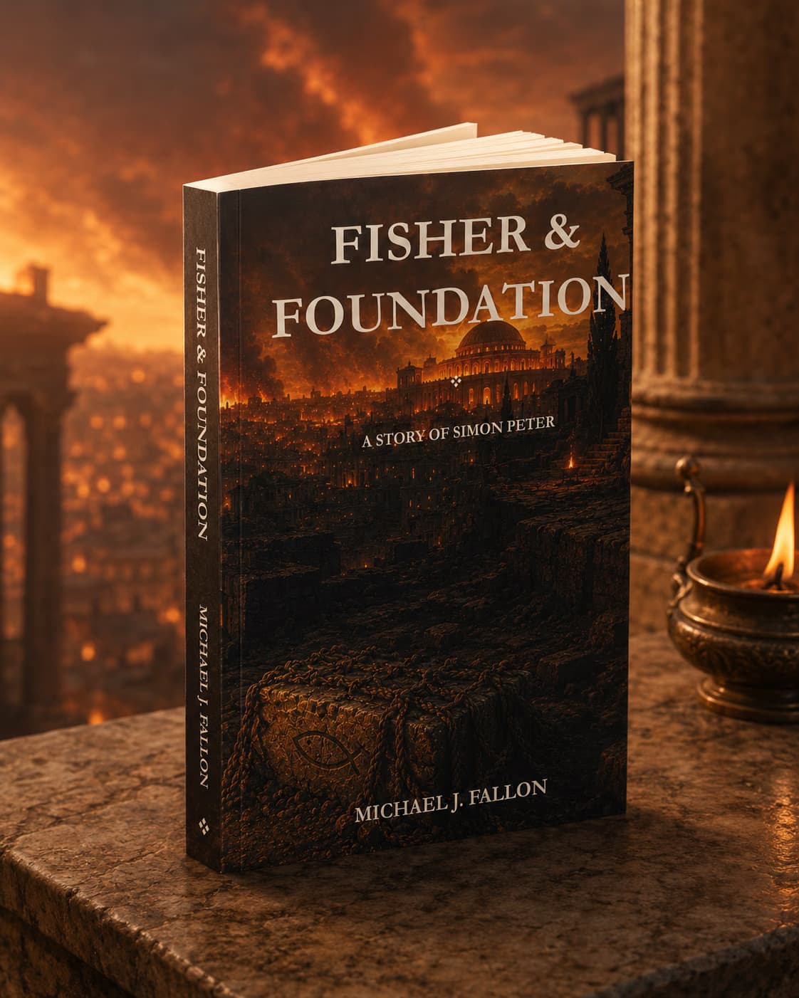 Fisher & Foundation paperback amidst ancient ruins at dusk
