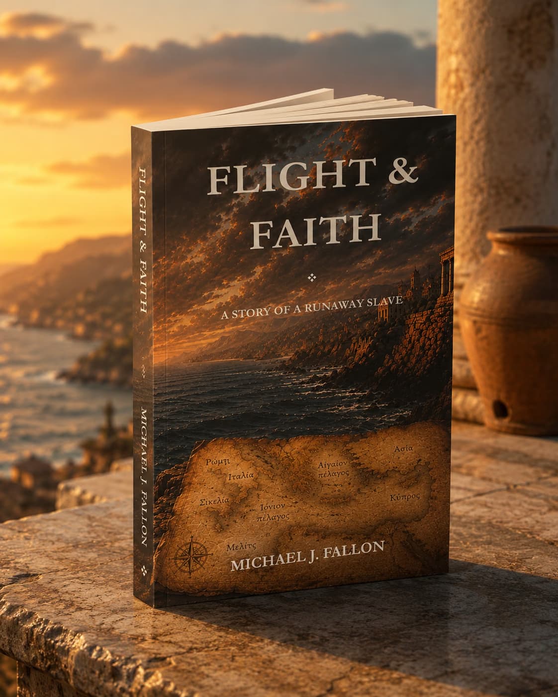 Flight & Faith paperback on a clifftop coast in golden-hour light